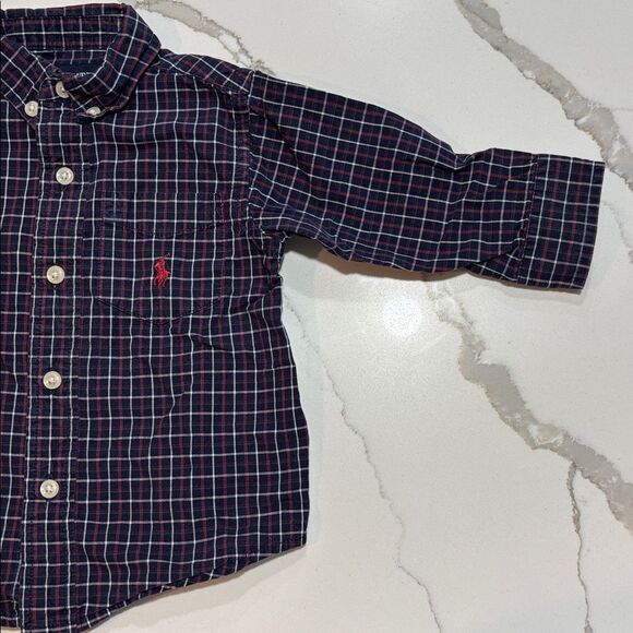 Ralph Lauren | Infant Boys Navy Plaid Button Down 100% Cotton Dress Shirt - Picture 4 of 15